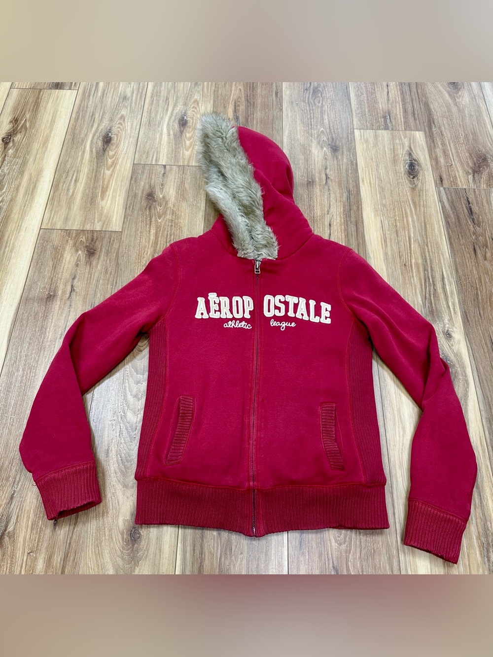Vtg Y2K Aeropostale Athletic League Faux Fur Lined Full Zip Hoodie, Large